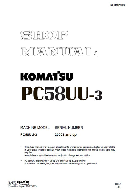 Komatsu PC58UU-3 Crawler Hydraulic Excavator Pdf Shop Repair Service Manual (Sn 20001 And UP)