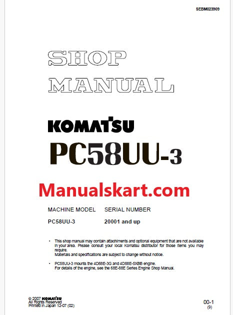 Komatsu PC58UU-3 Hydraulic Excavator Pdf Repair Service Manual Sn 20001 and UP