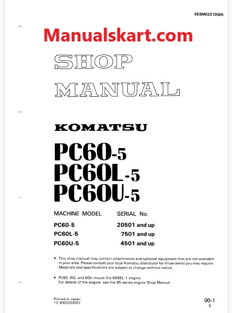 Komatsu PC60-5 Hydraulic Excavator Pdf Repair Service Manual Sn 20501 and UP