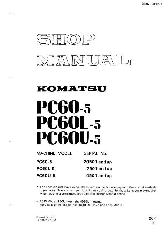 Komatsu PC60-5, PC60L-5, PC60U-5 Hydraulic Excavator Pdf Shop Repair Service Manual