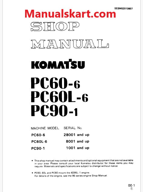 Komatsu PC60L-6 Hydraulic Excavator Pdf Repair Service Manual Sn 8001 and UP