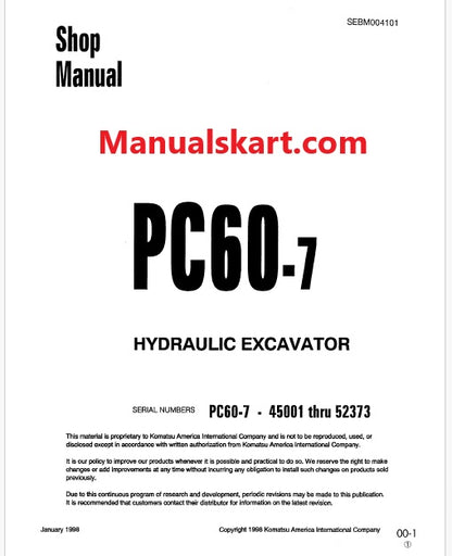 Komatsu PC60-7 Hydraulic Excavator Pdf Repair Service Manual Sn 45001 thru 52373