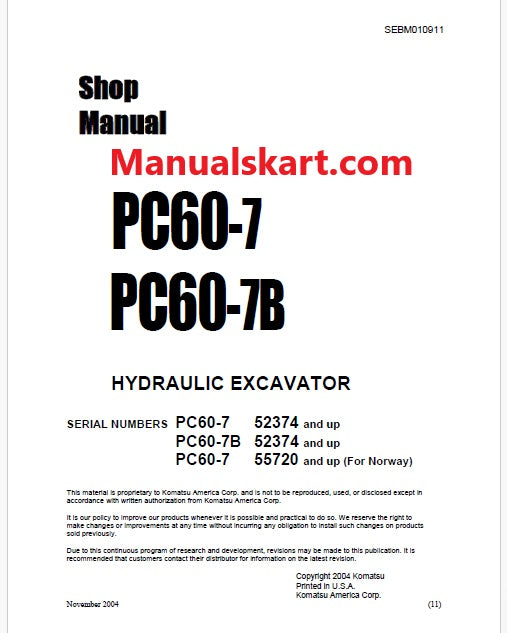 Komatsu PC60-7 Hydraulic Excavator Pdf Repair Service Manual Sn 52374 and UP