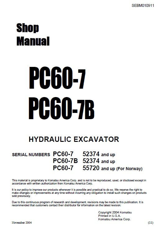 Komatsu PC60-7, PC60-7B Hydraulic Excavator Pdf Shop Repair Service Manual