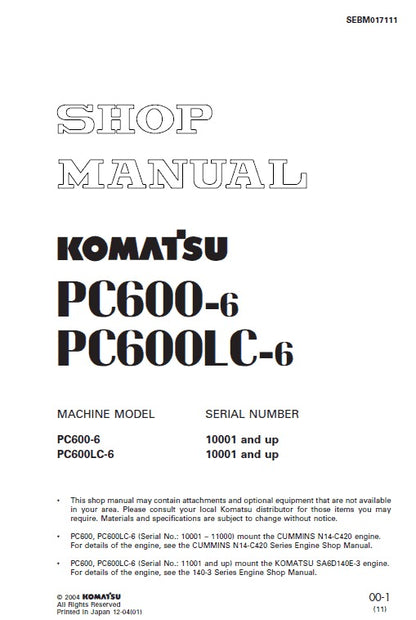 Komatsu PC600-6, PC600LC-6 Crawler Hydraulic Excavator Pdf Shop Repair Service Manual (Sn 10001 And UP)