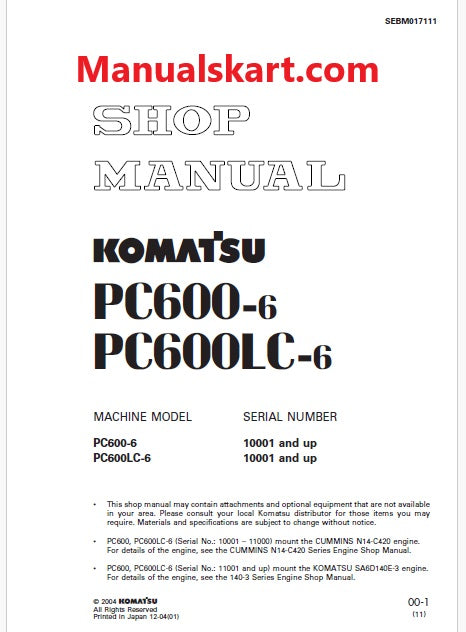 Komatsu PC600-6, PC600LC-6 Hydraulic Excavator Pdf Shop Repair Service Manual Sn 10001 and UP