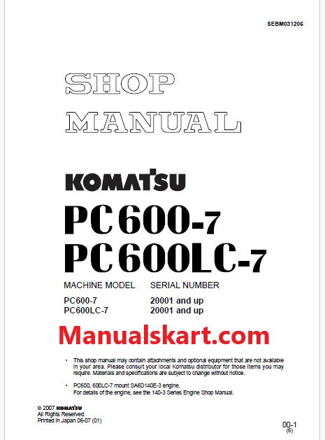 Komatsu PC600-6, PC600LC-6 Hydraulic Excavator Pdf Shop Repair Service Manual Sn 20001 and UP