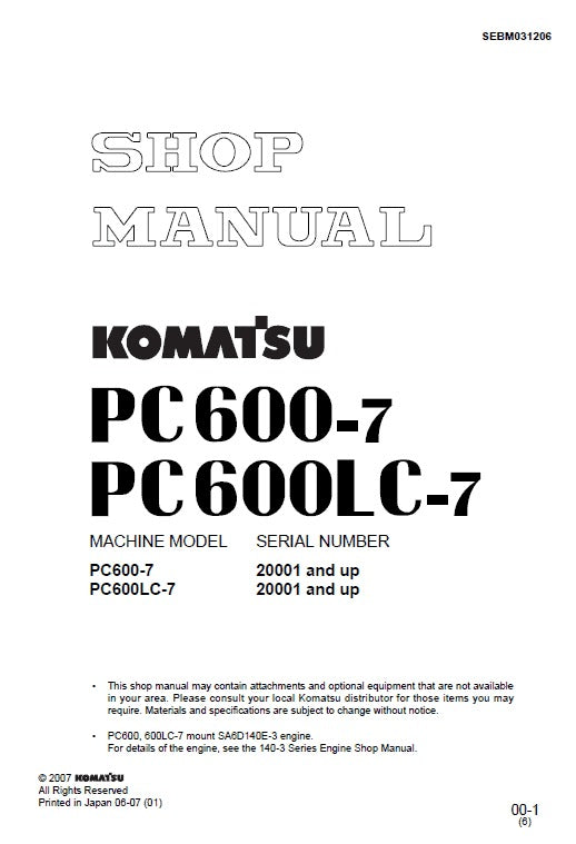 Komatsu PC600-7, PC600LC-7 Crawler Hydraulic Excavator Pdf Shop Repair Service Manual (Sn 20001 And UP)