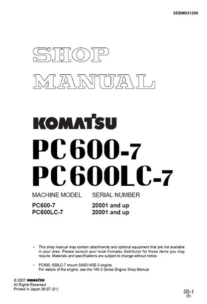 Komatsu PC600-7, PC600LC-7 Crawler Hydraulic Excavator Pdf Shop Repair Service Manual (Sn 20001 And UP)