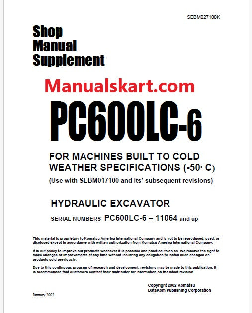 Komatsu PC600LC-6 Hydraulic Excavator Pdf Shop Manual Supplement Sn 11064 and UP