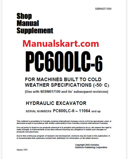 Komatsu PC600LC-6 Hydraulic Excavator Pdf Shop Manual Supplement Sn 11064 and UP