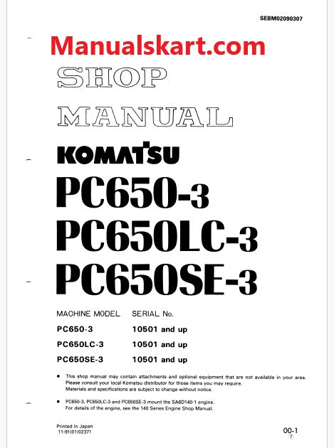 Komatsu PC650-3, PC650LC-3, PC650SE-3 Hydraulic Excavator Pdf Shop Repair Service Manual Sn 10501 and UP