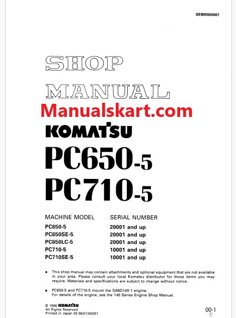 Komatsu PC710-5, PC710SE-5 Hydraulic Excavator Pdf Shop Repair Service Manual Sn 10001 and UP