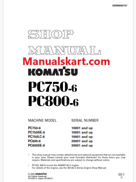 Komatsu PC750-6, PC750SE-6, PC750LC-6 Hydraulic Excavator Pdf Shop Repair Service Manual Sn 10001 and UP