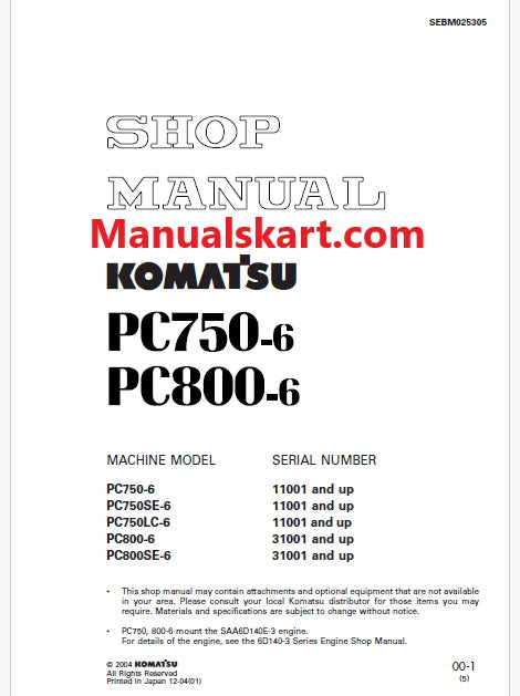 Komatsu PC750-6, PC750SE-6, PC750LC-6 Hydraulic Excavator Pdf Shop Repair Service Manual Sn 11001 and UP