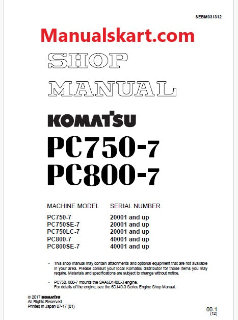 Komatsu PC750-7, PC750SE-7, PC750LC-7 Hydraulic Excavator Pdf Shop Repair Service Manual Sn 20001 and UP