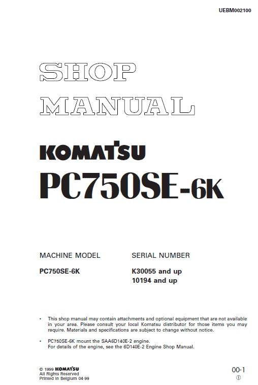 Komatsu PC750SE-6K Crawler Hydraulic Excavator Pdf Shop Repair Service Manual (Sn 10194 And UP)