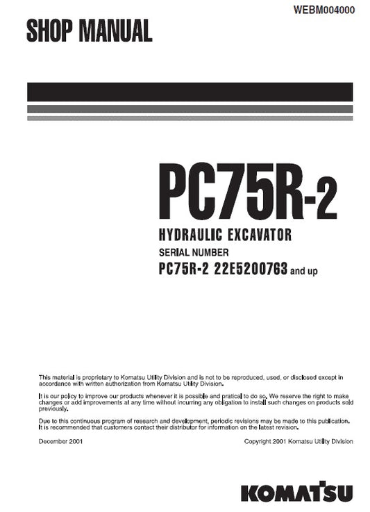 Komatsu PC75R-2 Crawler Excavator Pdf Shop Repair Service Manual (Sn 22e5200001 & UP)