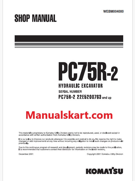 Komatsu PC75R-2 Hydraulic Excavator Pdf Repair Service Manual Sn 22E5200763 and UP