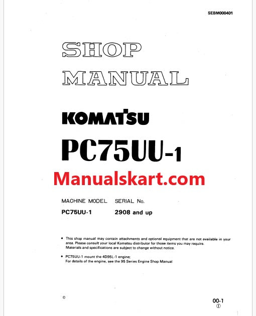 Komatsu PC75UU-1 Hydraulic Excavator Pdf Repair Service Manual Sn 2908 and UP