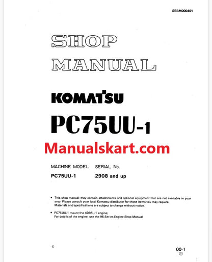 Komatsu PC75UU-1 Hydraulic Excavator Pdf Repair Service Manual Sn 2908 and UP