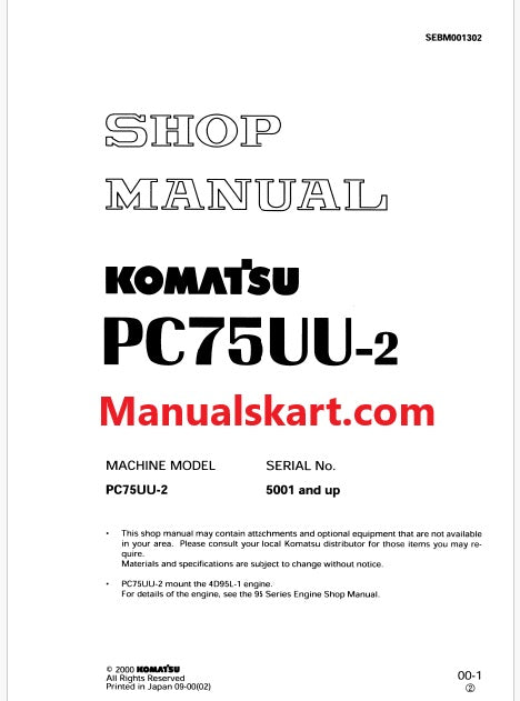 Komatsu PC75UU-2 Hydraulic Excavator Pdf Repair Service Manual Sn 5001 and UP