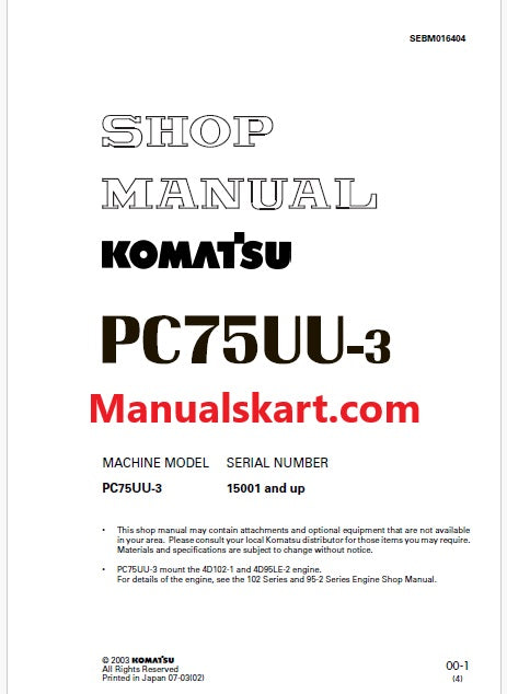 Komatsu PC75UU-3 Hydraulic Excavator Pdf Repair Service Manual Sn 15001 and UP