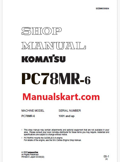 Komatsu PC78MR-6 Hydraulic Excavator Pdf Repair Service Manual Sn 1001 and UP