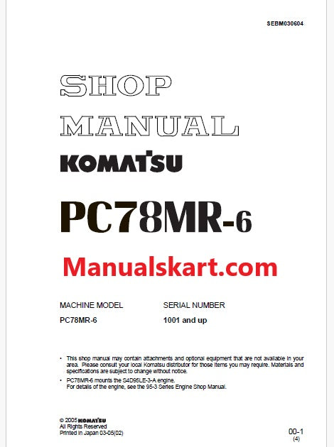 Komatsu PC78MR-6 Hydraulic Excavator Pdf Repair Service Manual Sn 1001 and UP