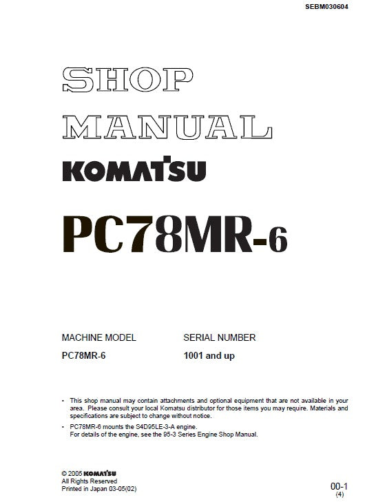 Komatsu PC78MR-6 Hydraulic Excavator Pdf Shop Repair Service Manual