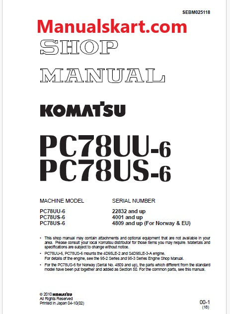 Komatsu PC78UU-6 Hydraulic Excavator Pdf Repair Service Manual Sn 22832 and UP