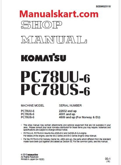 Komatsu PC78UU-6 Hydraulic Excavator Pdf Repair Service Manual Sn 22832 and UP