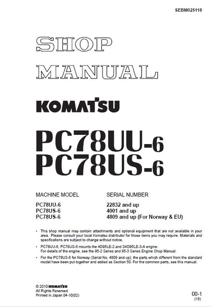 Komatsu PC78UU-6, PC78US-6 Hydraulic Excavator Pdf Shop Repair Service Manual