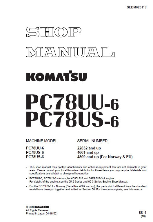 Komatsu PC78UU-6, PC78US-6 Hydraulic Excavator Pdf Shop Repair Service Manual