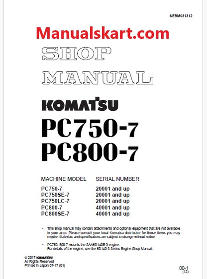 Komatsu PC800-7, PC800SE-7 Hydraulic Excavator Pdf Shop Repair Service Manual Sn 40001 and UP