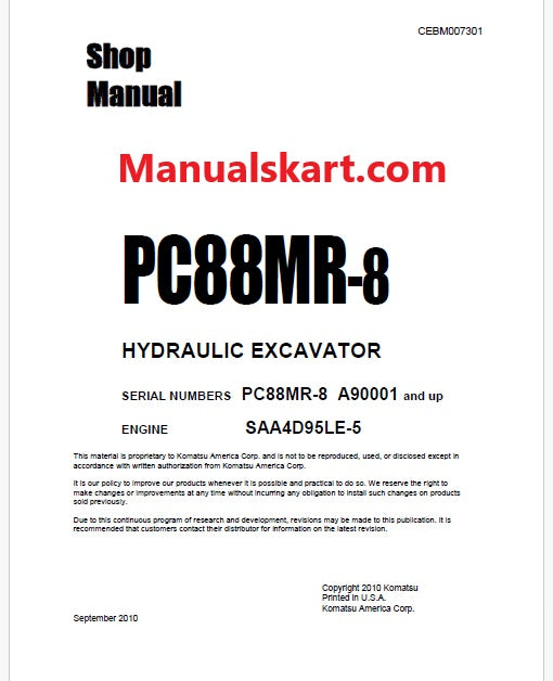 Komatsu PC88MR-8 Hydraulic Excavator ecot3 Pdf Repair Service Manual Sn A90001 and UP