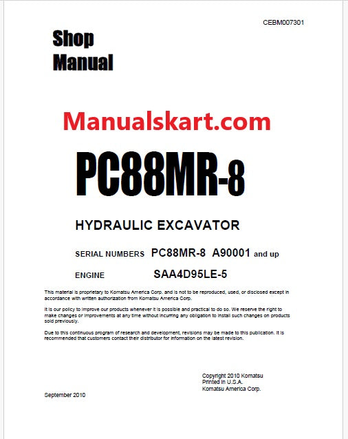Komatsu PC88MR-8 Hydraulic Excavator Pdf Shop Repair Service Manual Sn A90001 and UP