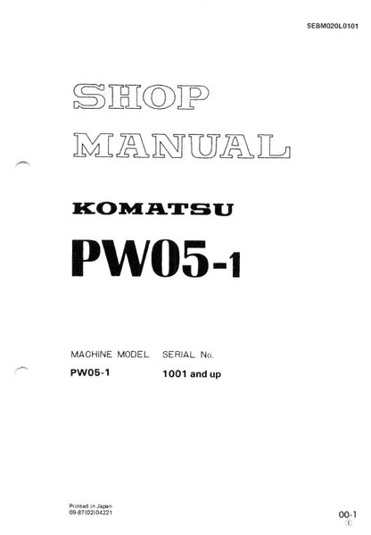 Komatsu PW05-1 Wheeled Hydraulic Excavator Pdf Shop Repair Service Manual (Sn 1001 And UP)