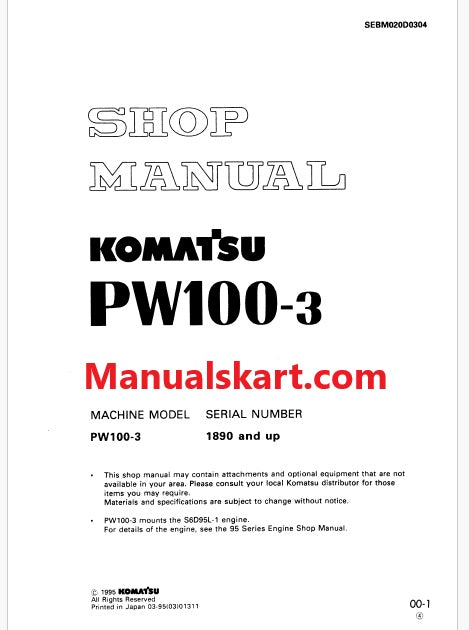 Komatsu PW100-3 Wheeled Excavator Pdf Repair Service Manual Sn 1890 and UP