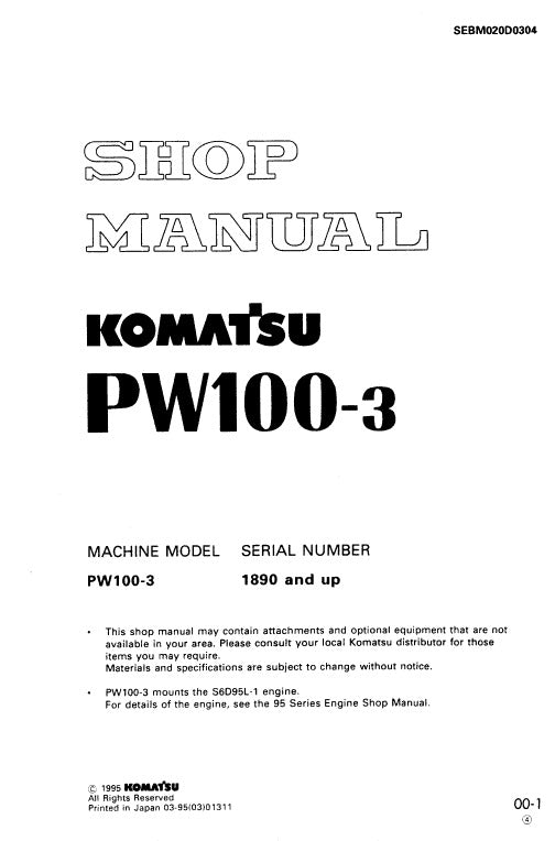 Komatsu PW100-3 Wheeled Hydraulic Excavator Pdf Shop Repair Service Manual (Sn 1890 And UP)