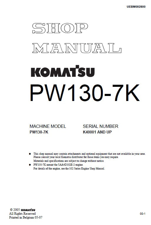 Komatsu PW130-7K Wheeled Hydraulic Excavator Pdf Shop Repair Service Manual (Sn K40001 And UP)