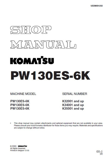 Komatsu PW130ES-6K Hydraulic Excavator Pdf Shop Repair Service Manual