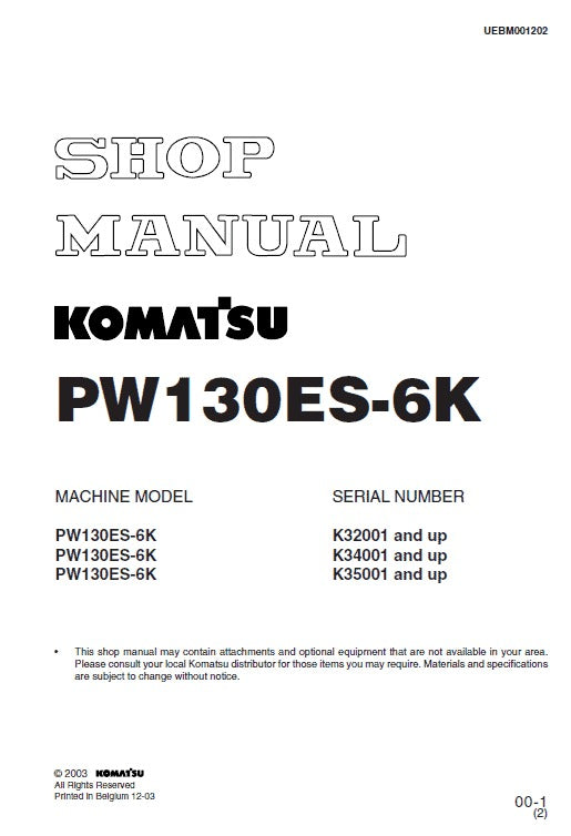 Komatsu PW130ES-6K Hydraulic Excavator Pdf Shop Repair Service Manual