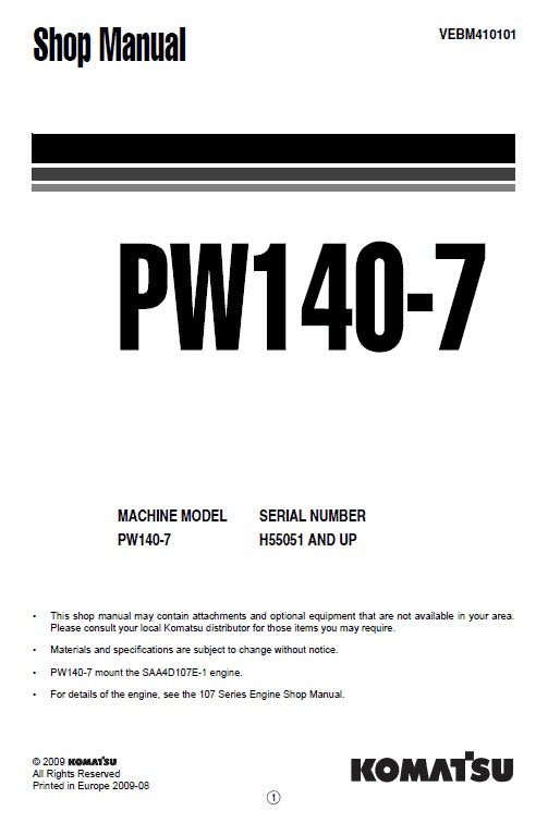 Komatsu PW140-7 Wheeled Hydraulic Excavator Pdf Shop Repair Service Manual (Sn H55051 And Up)