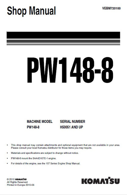 Komatsu PW148-8 Wheeled Hydraulic Excavator Pdf Shop Repair Service Manual (Sn H50051 And Up)