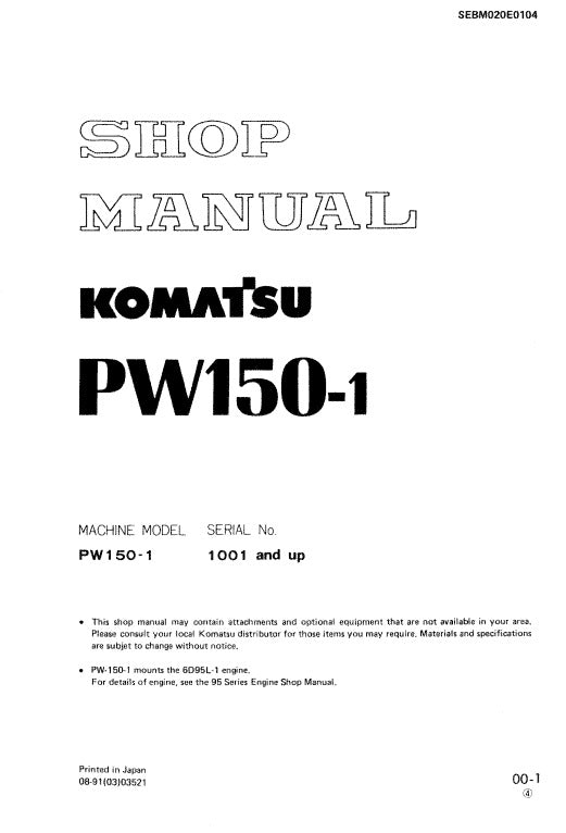 Komatsu PW150-1 Wheeled Hydraulic Excavator Pdf Shop Repair Service Manual (Sn 1001 And UP)