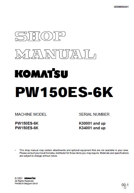 Komatsu PW150ES-6K Hydraulic Excavator Pdf Shop Repair Service Manual