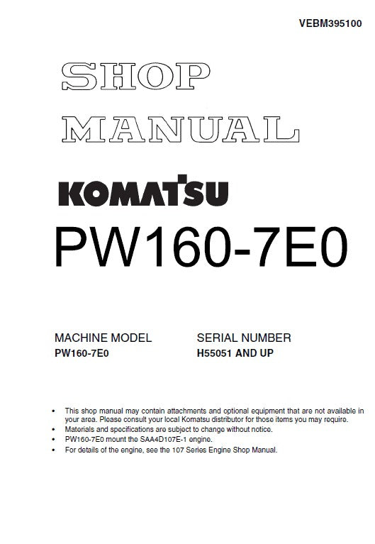 Komatsu PW160-7 Hydraulic Excavator Pdf Shop Repair Service Manual