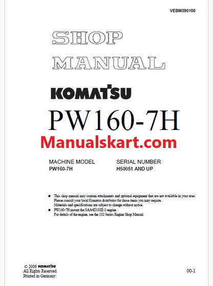 Komatsu PW160-7H Wheeled Excavator Pdf Repair Service Manual Sn H50051 and UP