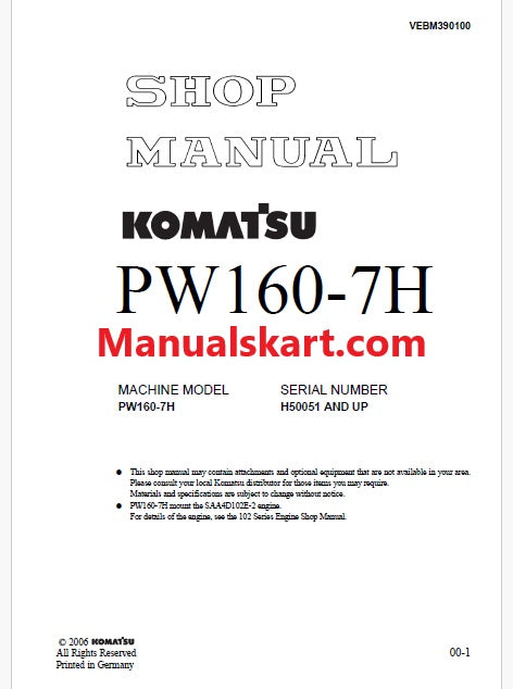 Komatsu PW160-7H Wheeled Excavator Pdf Repair Service Manual Sn H50051 and UP